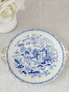 Authentic Royal Albert Mikado Blue & White Tab Handled Cake Plate- 10"